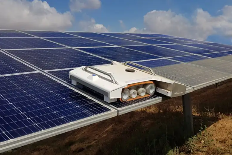 Solar panel system cleaning robot can be dropped off and picked up by drone